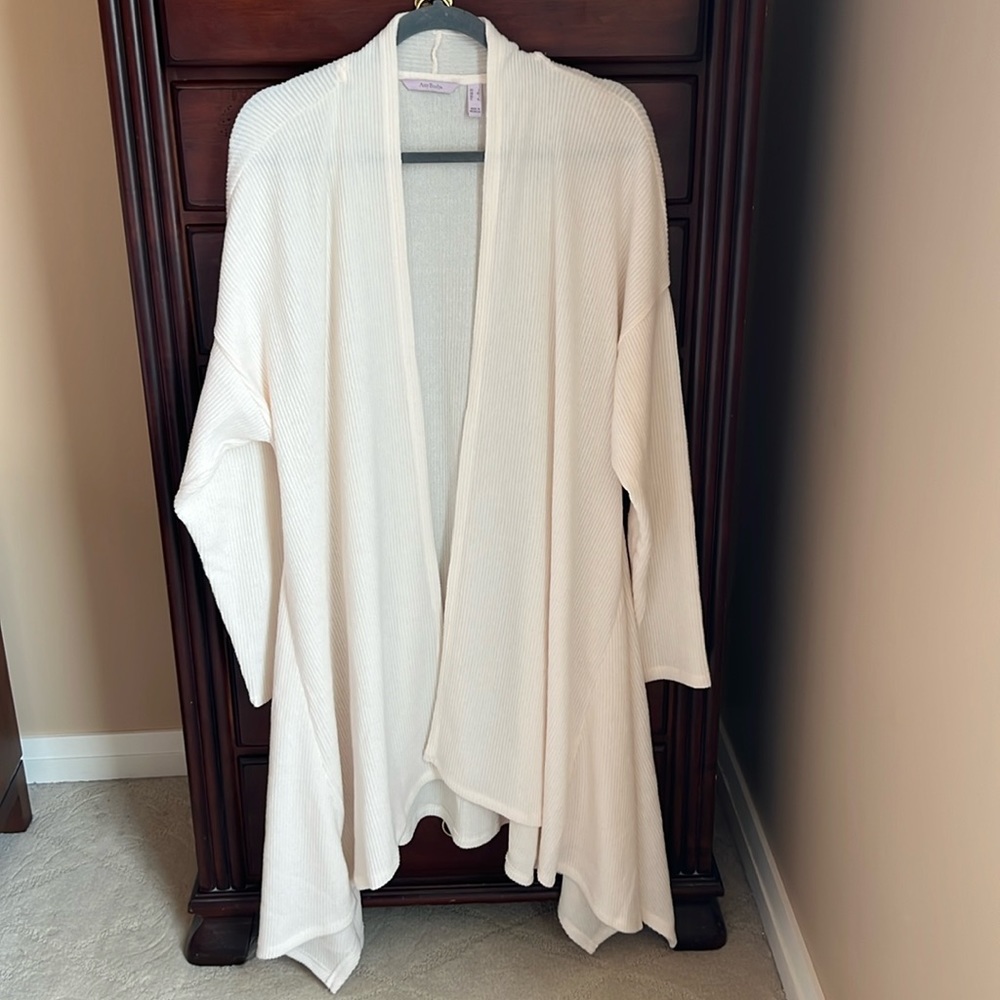 AnyBody Ivory Open Front Long Soft Rib Knit Cardigan Sweater